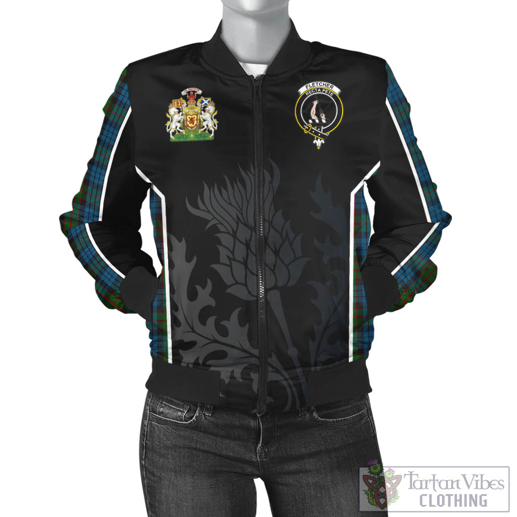 Tartan Vibes Clothing Fletcher of Dunans Tartan Bomber Jacket with Family Crest and Scottish Thistle Vibes Sport Style