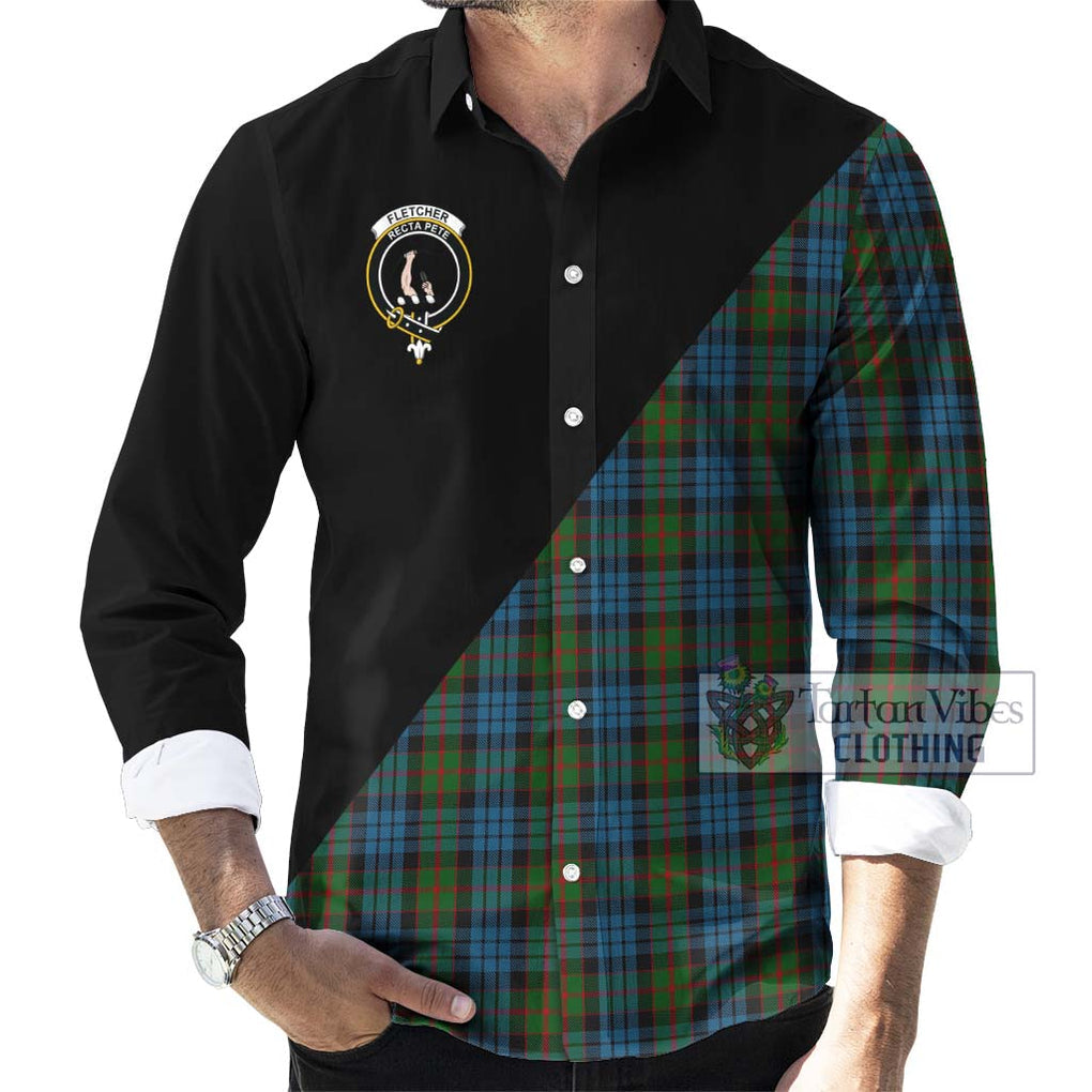 Fletcher of Dunans Tartan Long Sleeve Button Shirt with Family Crest and Military Logo Style - Tartanvibesclothing Shop