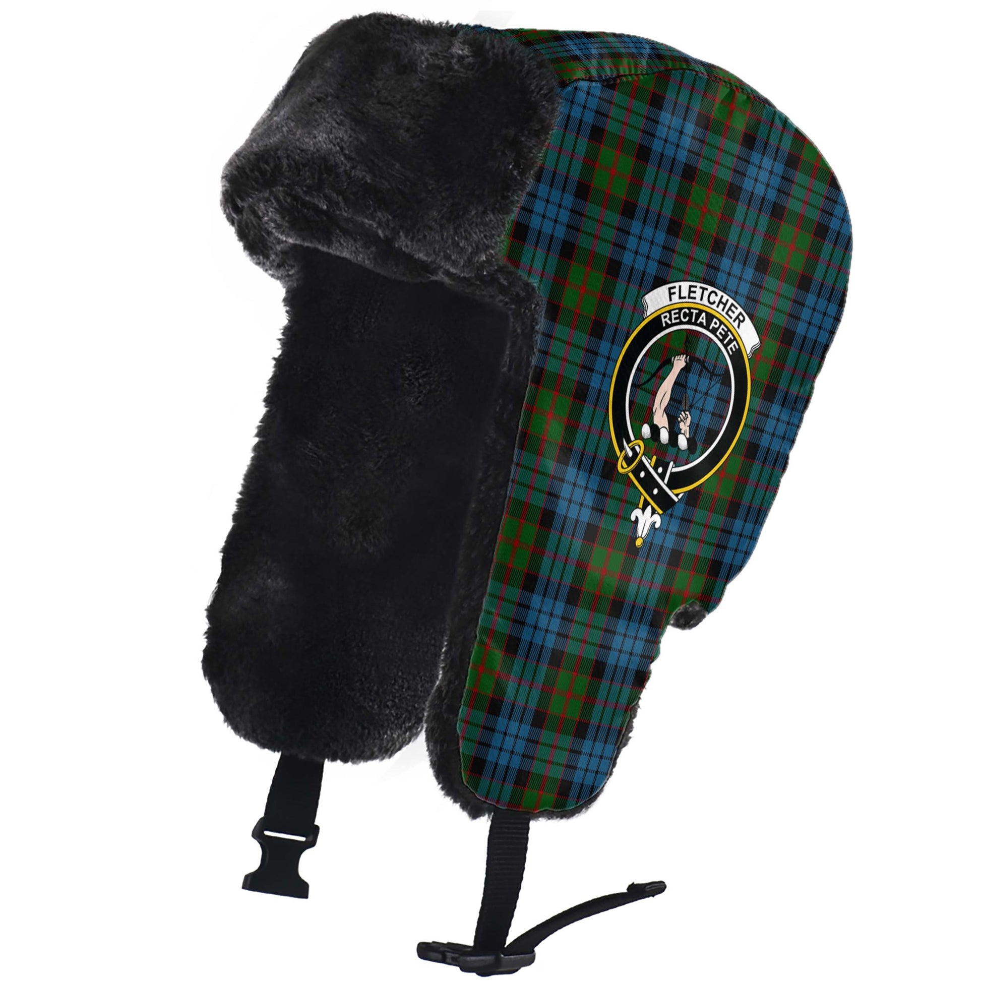 Fletcher of Dunans Tartan Winter Trapper Hat with Family Crest - Tartanvibesclothing