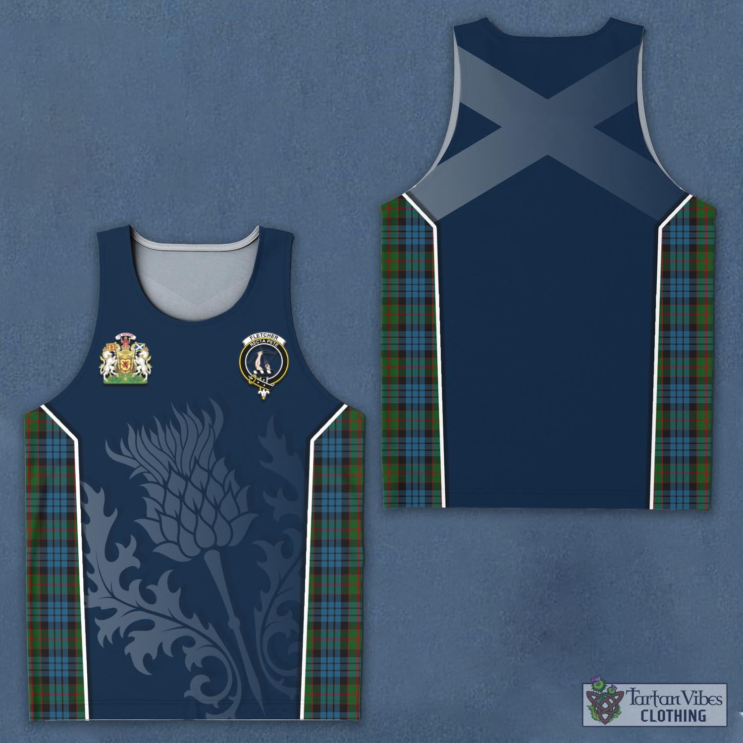 Tartan Vibes Clothing Fletcher of Dunans Tartan Men's Tanks Top with Family Crest and Scottish Thistle Vibes Sport Style