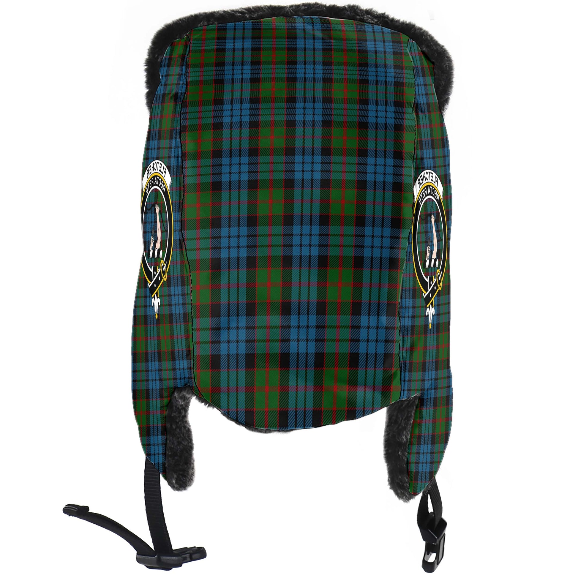 Fletcher of Dunans Tartan Winter Trapper Hat with Family Crest - Tartanvibesclothing