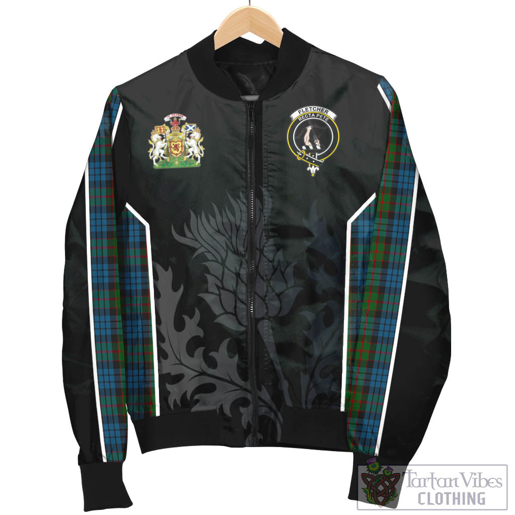 Tartan Vibes Clothing Fletcher of Dunans Tartan Bomber Jacket with Family Crest and Scottish Thistle Vibes Sport Style