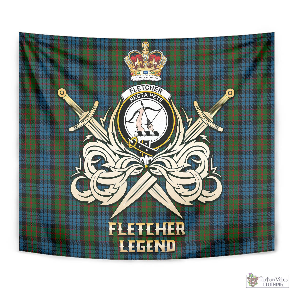 Tartan Vibes Clothing Fletcher of Dunans Tartan Tapestry with Clan Crest and the Golden Sword of Courageous Legacy