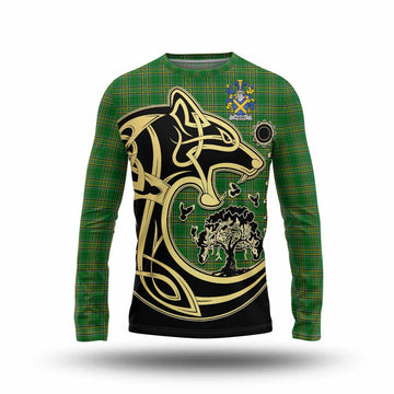 Fleury Irish Tartan Long Sleeve T-Shirt with Coat of Arms Celtic Wolf Style Unisex - Tartan Vibes Clothing