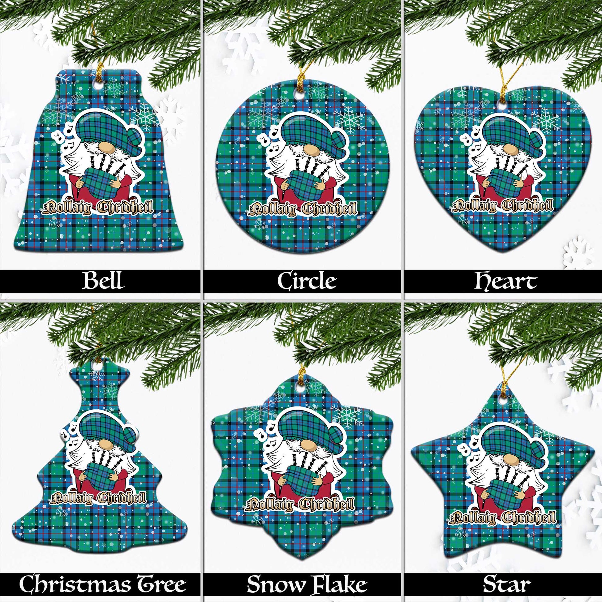 Flower Of Scotland Tartan Christmas Ornaments with Scottish Gnome Playing Bagpipes Ceramic - Tartanvibesclothing