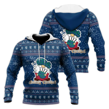 Flower Of Scotland Clan Christmas Knitted Hoodie with Funny Gnome Playing Bagpipes