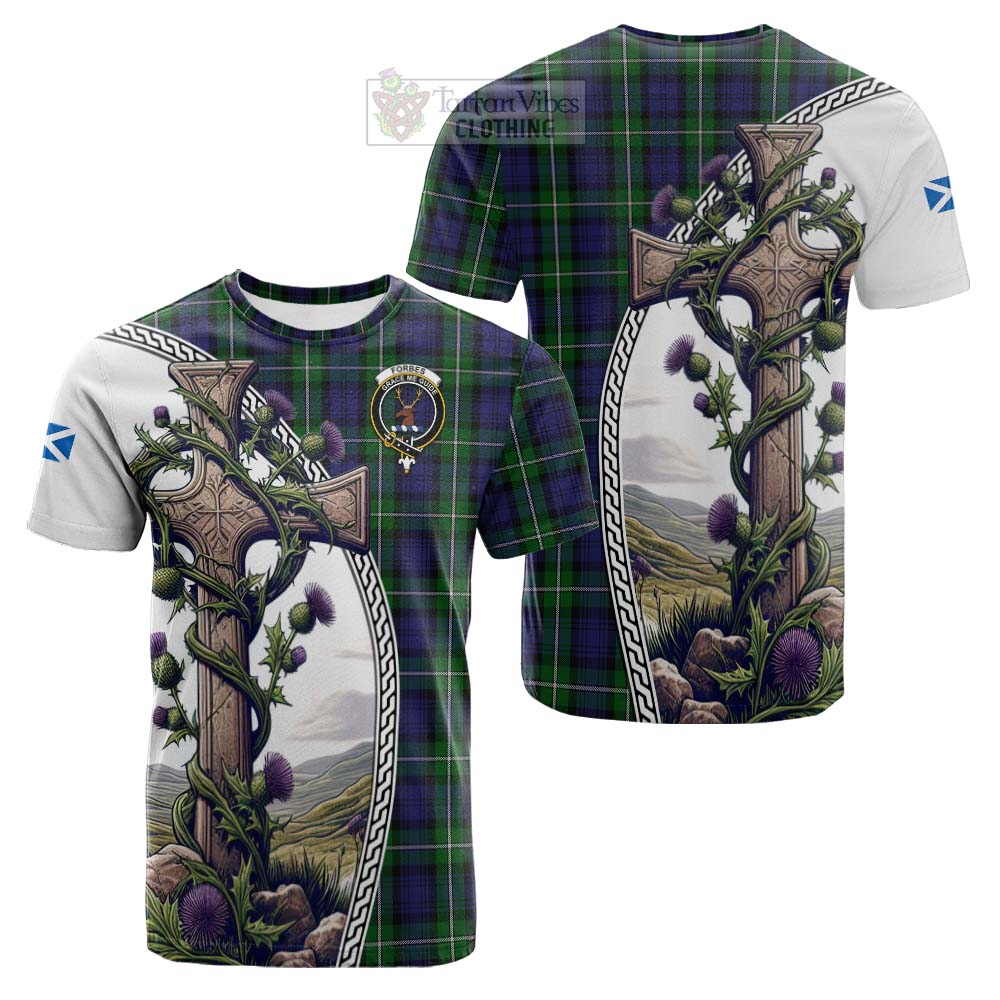 Tartan Vibes Clothing Forbes Tartan Cotton T-shirt with Family Crest and St. Andrew's Cross Accented by Thistle Vines