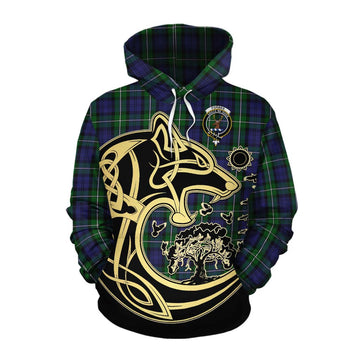 Forbes Tartan Cotton Hoodie with Family Crest Celtic Wolf Style