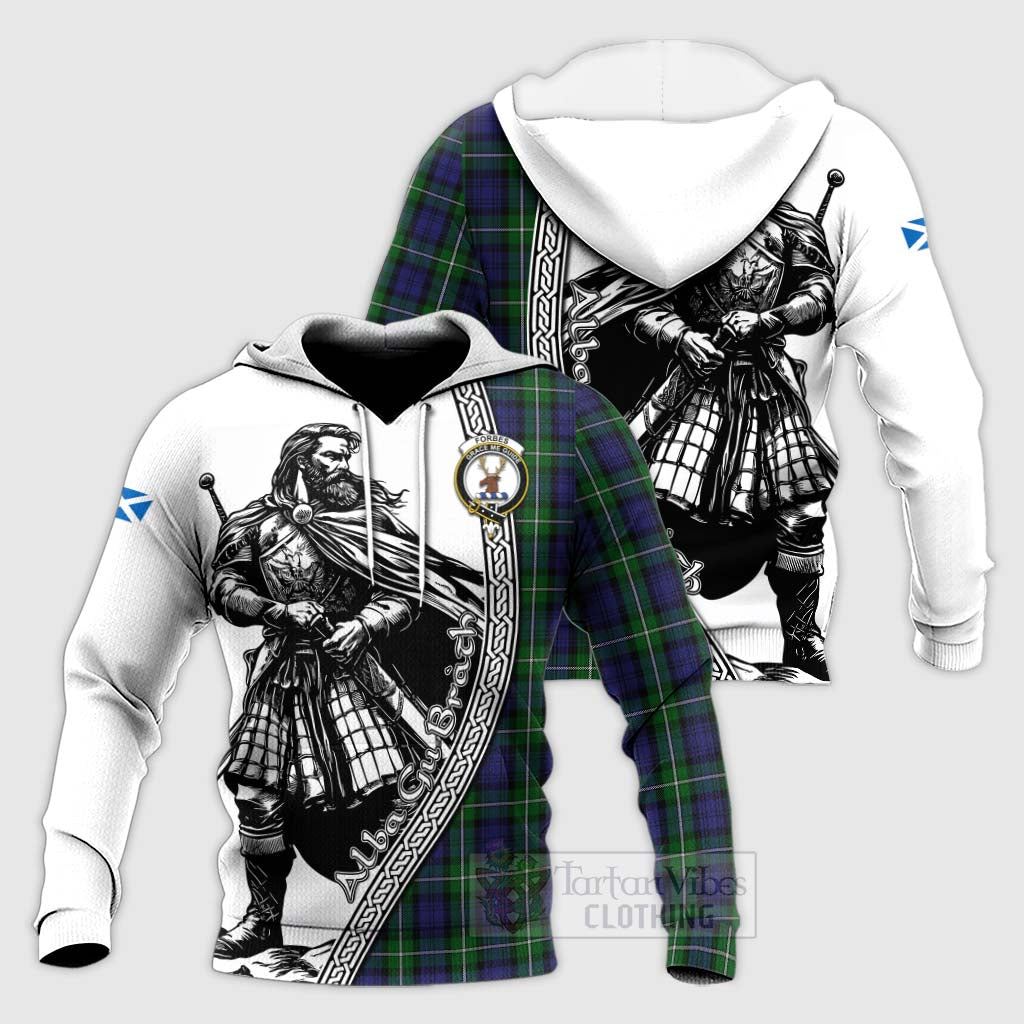 Tartan Vibes Clothing Forbes Tartan Clan Crest Knitted Hoodie with Highlander Warrior Celtic Style