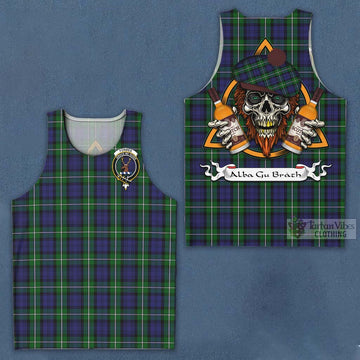 Forbes Tartan Men's Tank Top with Family Crest and Bearded Skull Holding Bottles of Whiskey