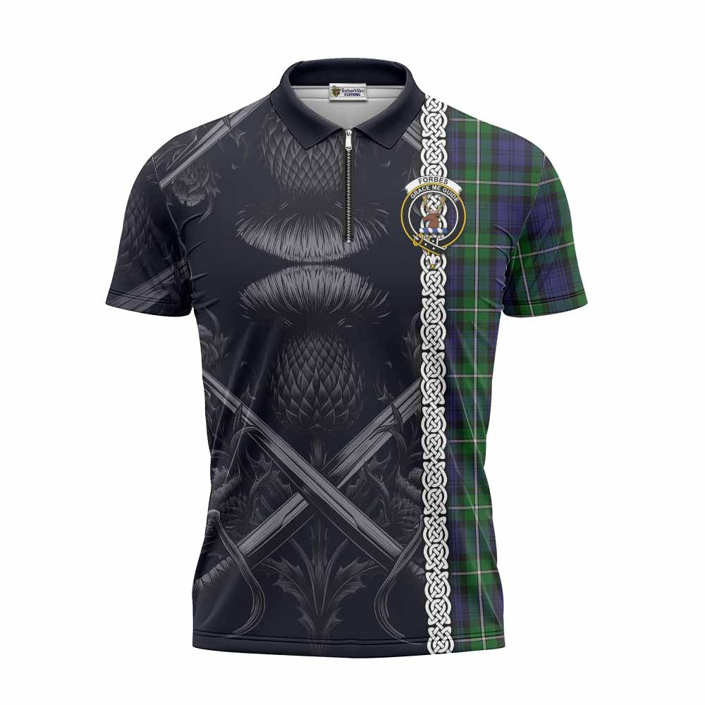 Tartan Vibes Clothing Forbes Tartan Zipper Polo Shirt with Family Crest Cross Sword Thistle Celtic Vibes