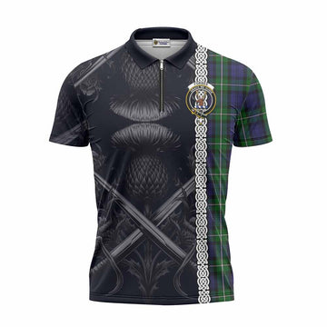 Forbes Tartan Zipper Polo Shirt with Family Crest Cross Sword Thistle Celtic Vibes