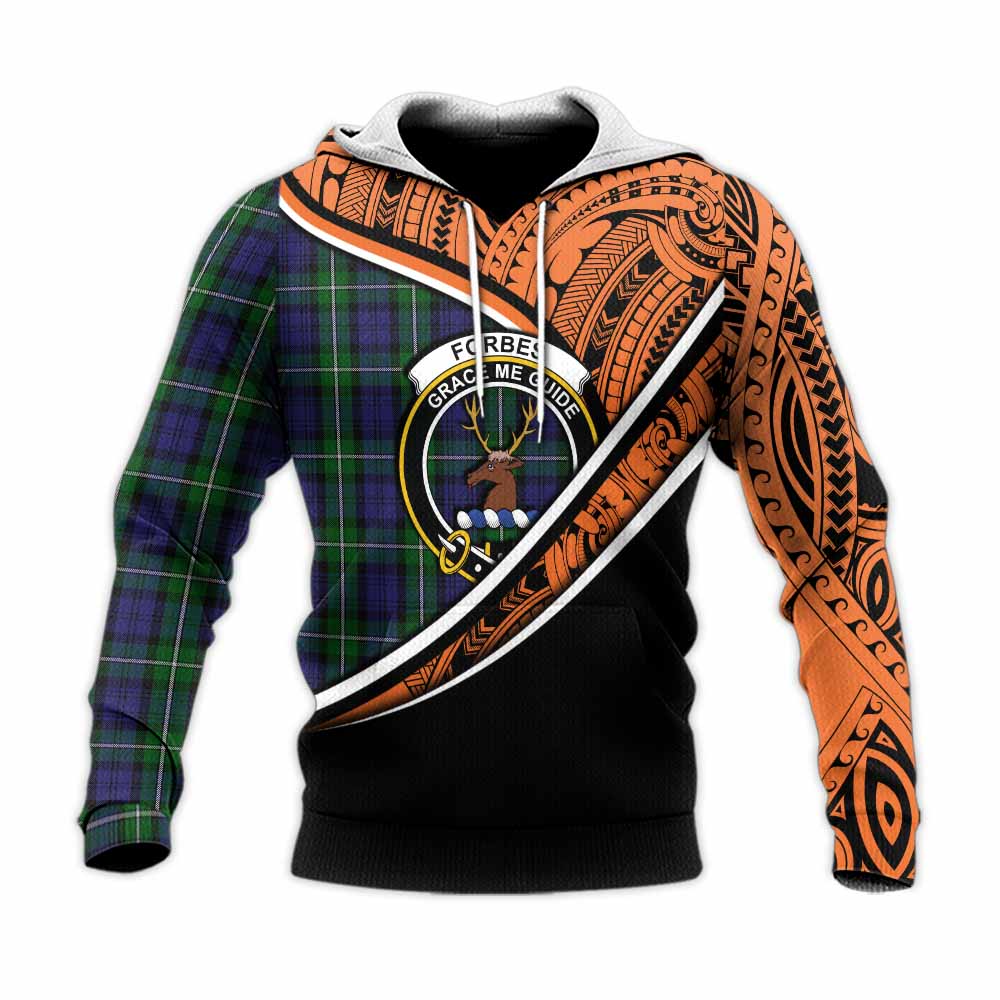 Tartan Vibes Clothing Forbes Crest Tartan Knitted Hoodie with Maori Tattoo Style - Orange Version