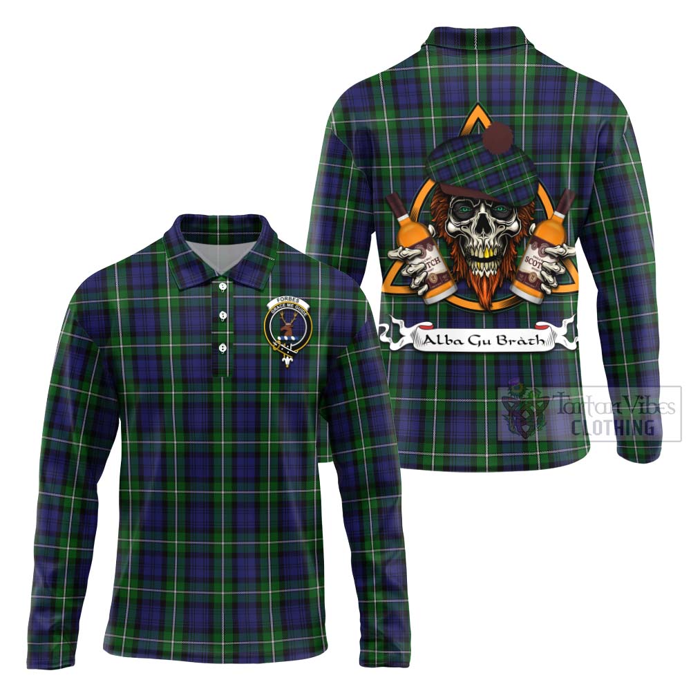 Tartan Vibes Clothing Forbes Tartan Long Sleeve Polo Shirt with Family Crest and Bearded Skull Holding Bottles of Whiskey