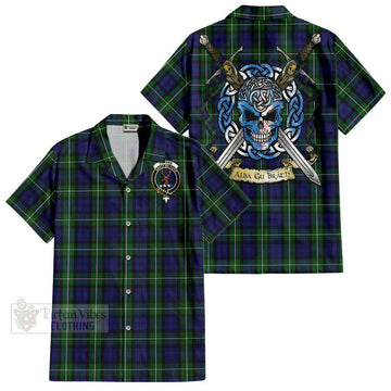 Forbes Tartan Short Sleeve Button Shirt with Family Crest Celtic Skull Style