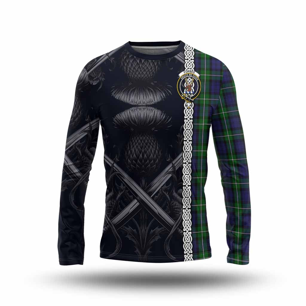 Tartan Vibes Clothing Forbes Tartan Long Sleeve T-Shirt with Family Crest Cross Sword Thistle Celtic Vibes