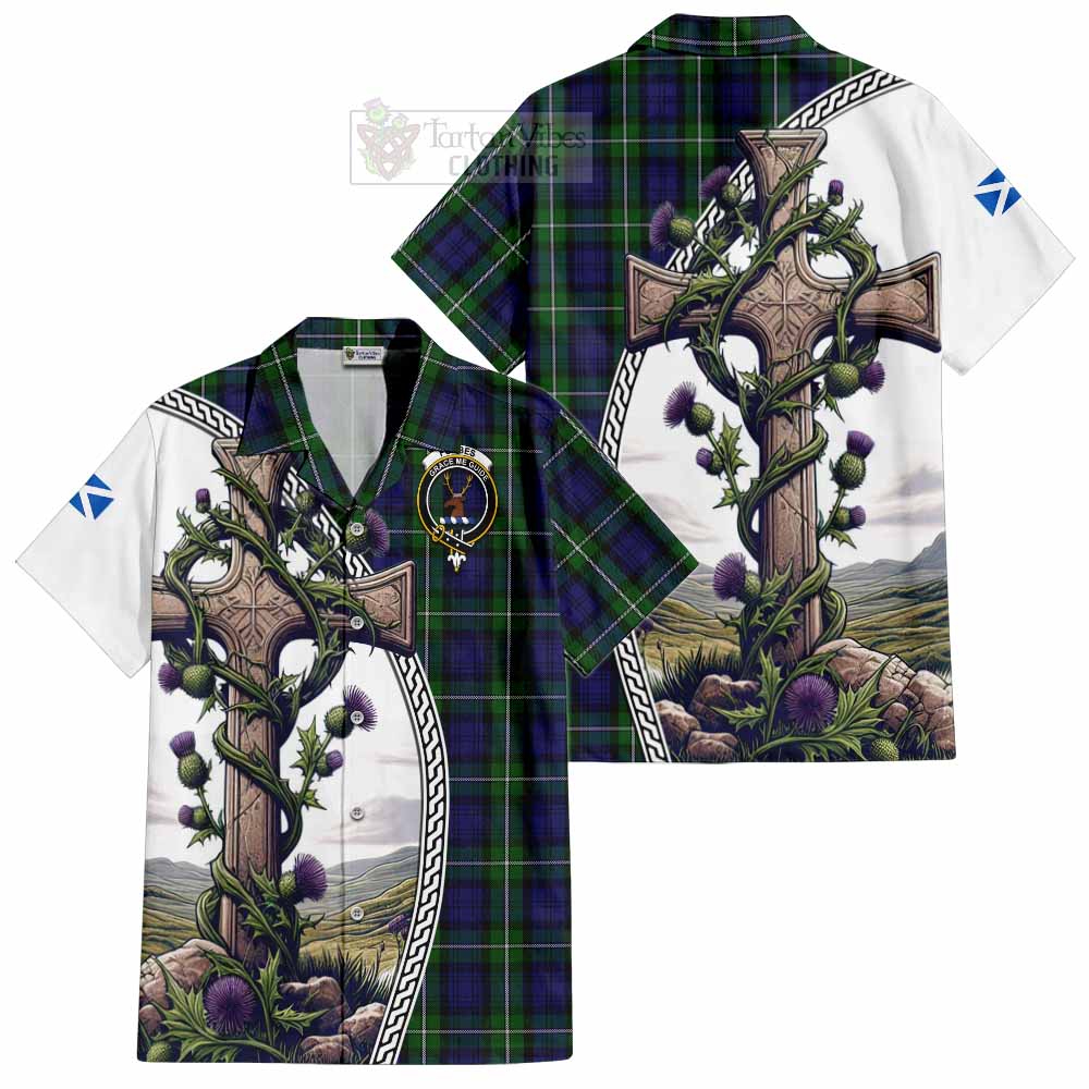 Tartan Vibes Clothing Forbes Tartan Short Sleeve Button Shirt with Family Crest and St. Andrew's Cross Accented by Thistle Vines