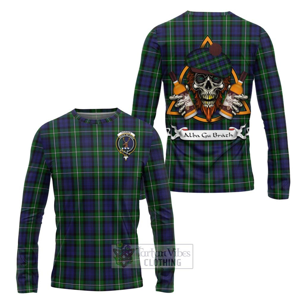 Tartan Vibes Clothing Forbes Tartan Long Sleeve T-Shirt with Family Crest and Bearded Skull Holding Bottles of Whiskey