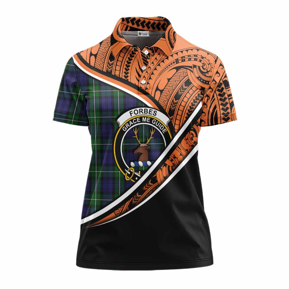 Tartan Vibes Clothing Forbes Crest Tartan Women's Polo Shirt with Maori Tattoo Style - Orange Version