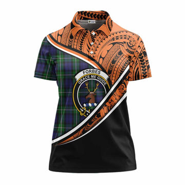 Forbes Crest Tartan Women's Polo Shirt with Polynesian Vibes Style - Orange Version