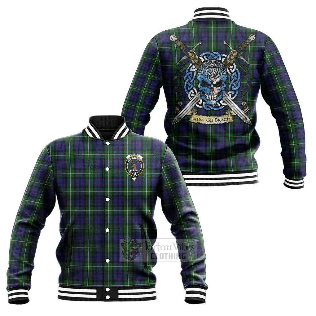 Tartan Vibes Clothing Forbes Tartan Baseball Jacket with Family Crest Celtic Skull Style