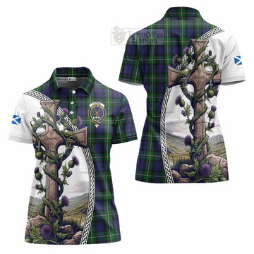 Forbes Tartan Women's Polo Shirt with Family Crest and St. Andrew's Cross Accented by Thistle Vines