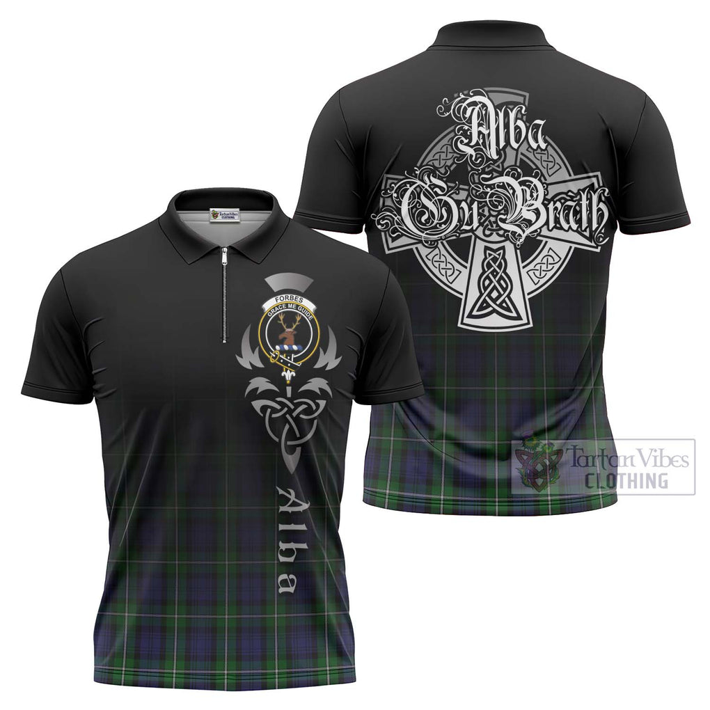 Tartan Vibes Clothing Forbes Tartan Zipper Polo Shirt Featuring Alba Gu Brath Family Crest Celtic Inspired