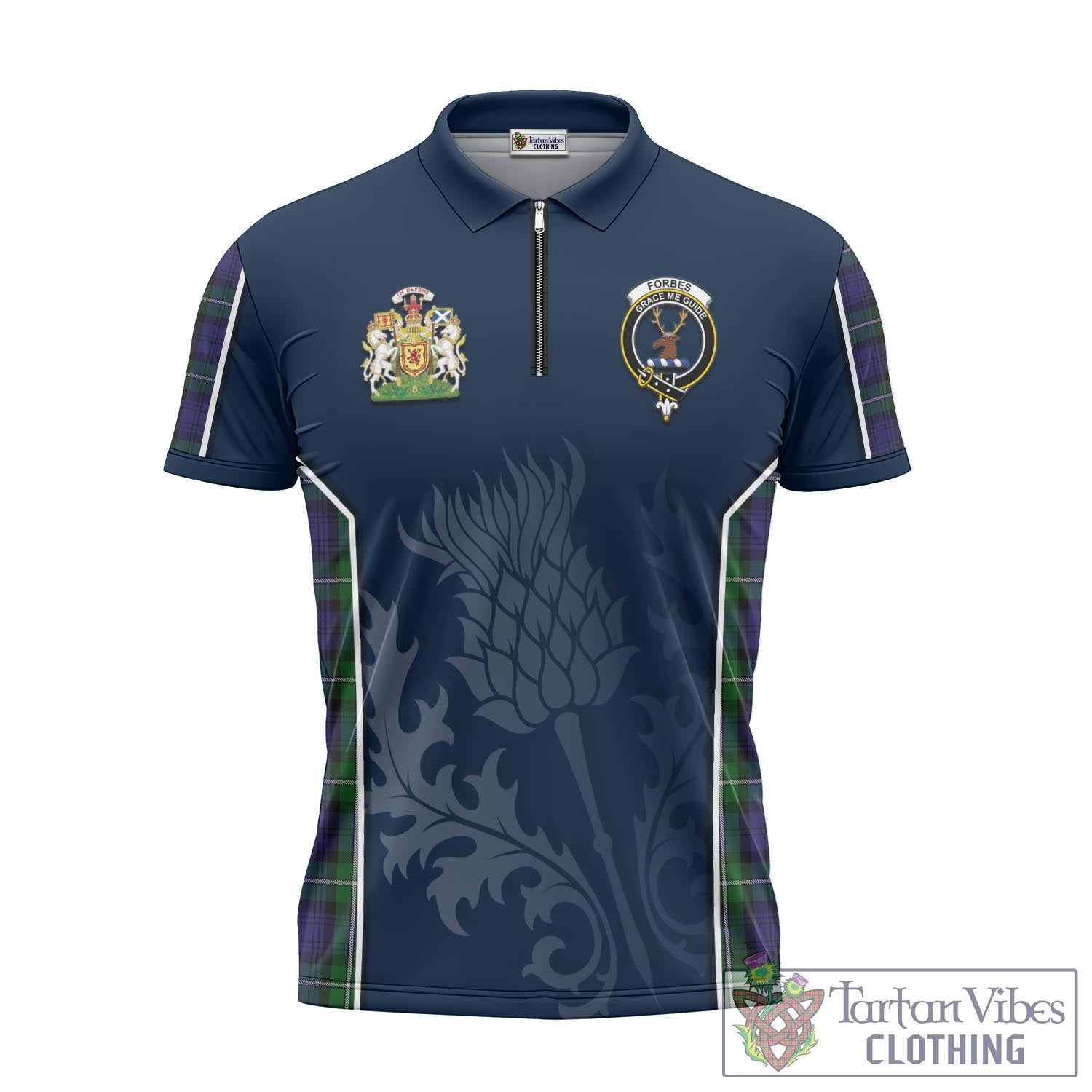 Tartan Vibes Clothing Forbes Tartan Zipper Polo Shirt with Family Crest and Scottish Thistle Vibes Sport Style