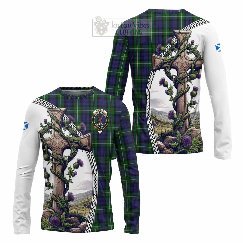 Tartan Vibes Clothing Forbes Tartan Long Sleeve T-Shirt with Family Crest and St. Andrew's Cross Accented by Thistle Vines