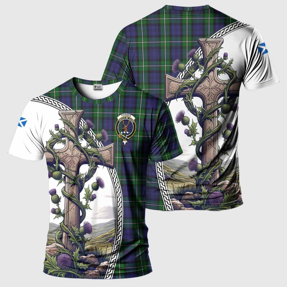 Tartan Vibes Clothing Forbes Agnew Tartan T-Shirt with Family Crest and St. Andrew's Cross Accented by Thistle Vines