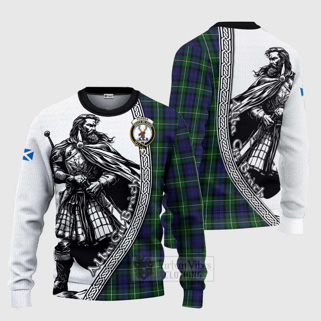 Tartan Vibes Clothing Forbes Tartan Clan Crest Knitted Sweater with Highlander Warrior Celtic Style