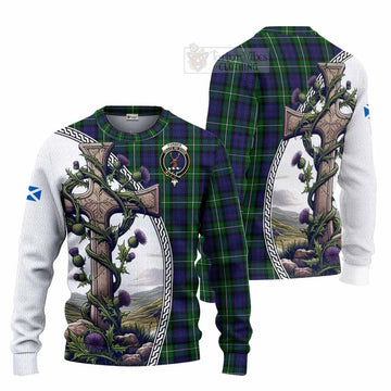 Forbes Tartan Knitted Sweater with Family Crest and St. Andrew's Cross Accented by Thistle Vines