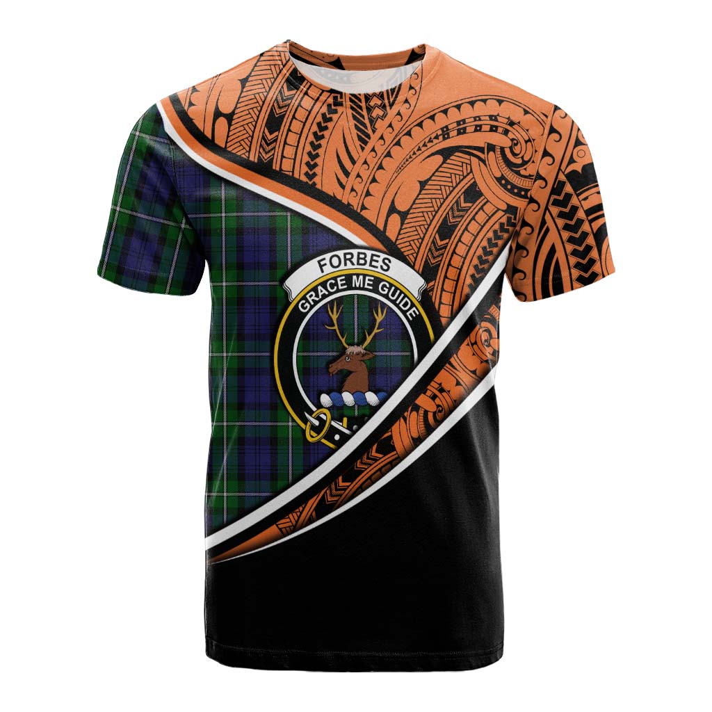 Tartan Vibes Clothing Forbes Crest Tartan Cotton T-shirt with Maori Tattoo Style - Orange Version