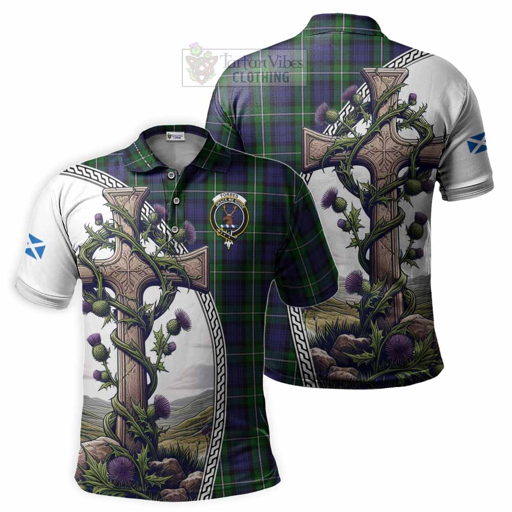 Tartan Vibes Clothing Forbes Tartan Polo Shirt with Family Crest and St. Andrew's Cross Accented by Thistle Vines