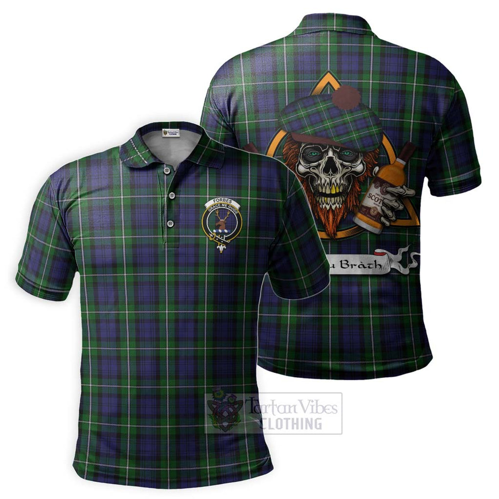 Tartan Vibes Clothing Forbes Tartan Polo Shirt with Family Crest and Bearded Skull Holding Bottles of Whiskey