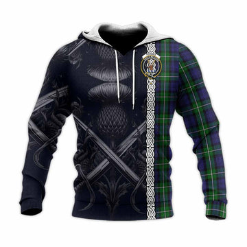 Forbes Tartan Knitted Hoodie with Family Crest Cross Sword Thistle Celtic Vibes