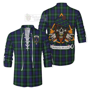 Forbes Tartan Ghillie Kilt Shirt with Family Crest and Bearded Skull Holding Bottles of Whiskey