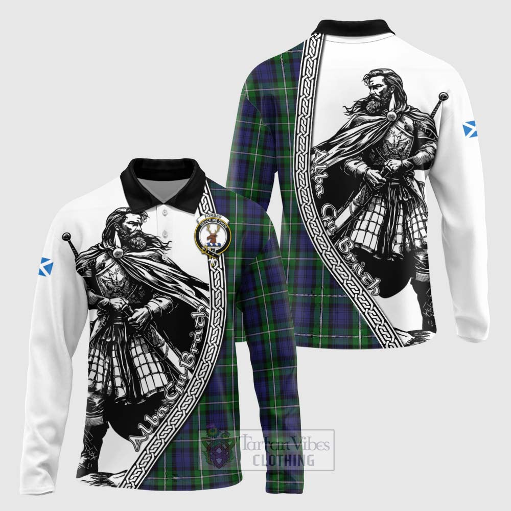 Tartan Vibes Clothing Forbes Tartan Clan Crest Long Sleeve Polo Shirt with Highlander Warrior Celtic Style