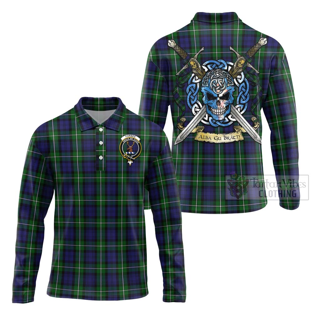 Tartan Vibes Clothing Forbes Tartan Long Sleeve Polo Shirt with Family Crest Celtic Skull Style