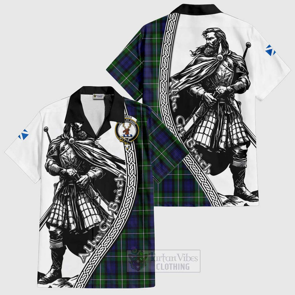 Tartan Vibes Clothing Forbes Tartan Clan Crest Short Sleeve Button Shirt with Highlander Warrior Celtic Style