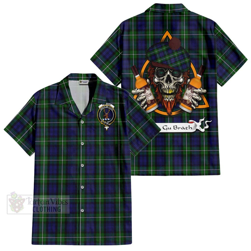 Tartan Vibes Clothing Forbes Tartan Short Sleeve Button Shirt with Family Crest and Bearded Skull Holding Bottles of Whiskey