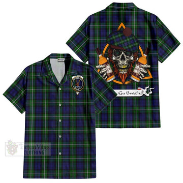 Forbes Tartan Short Sleeve Button Shirt with Family Crest and Bearded Skull Holding Bottles of Whiskey