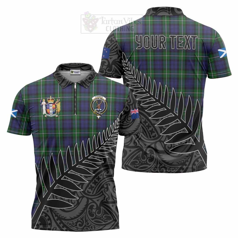 Tartan Vibes Clothing Forbes Crest Tartan Zipper Polo Shirt with New Zealand Silver Fern Half Style