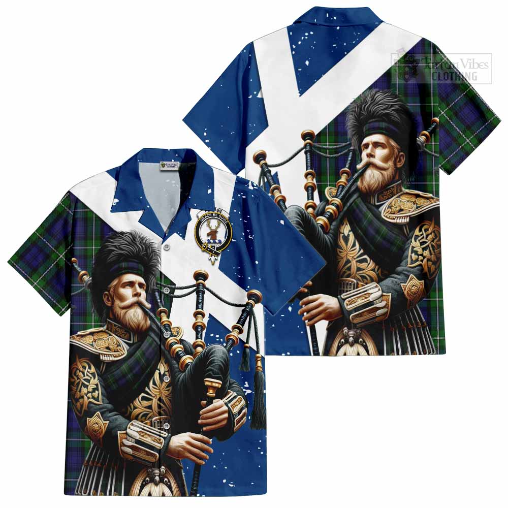 Tartan Vibes Clothing Forbes Tartan Short Sleeve Button Shirt with Family Crest Scottish Bagpiper Vibes