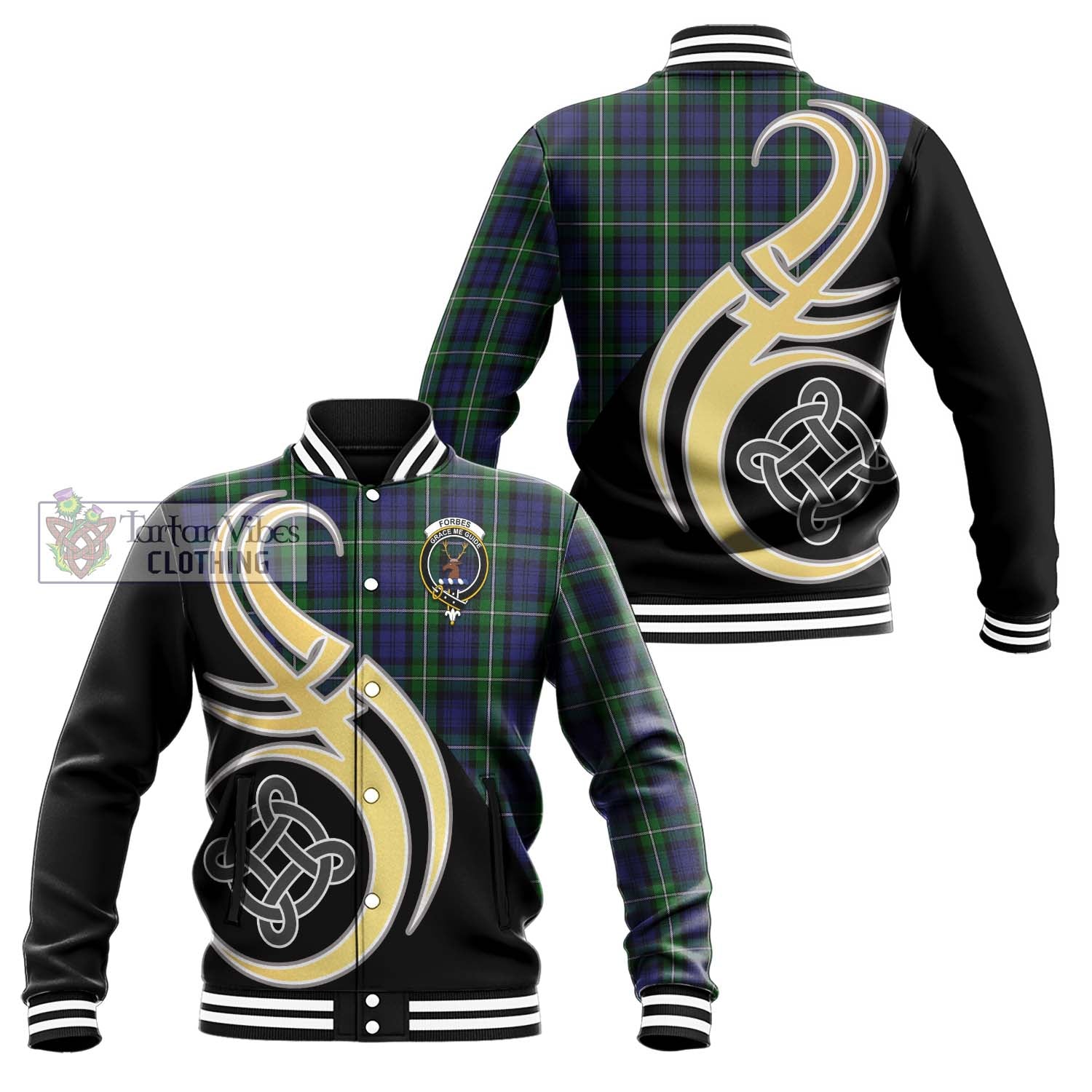 Forbes Tartan Baseball Jacket with Family Crest and Celtic Symbol Style Unisex - Tartan Vibes Clothing