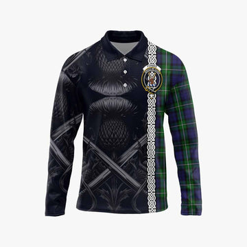 Forbes Tartan Long Sleeve Polo Shirt with Family Crest Cross Sword Thistle Celtic Vibes