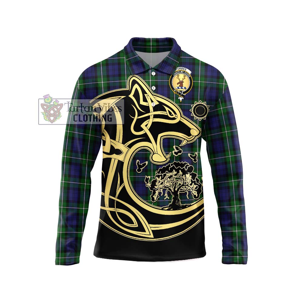 Forbes Tartan Long Sleeve Polo Shirt with Family Crest Celtic Wolf Style Unisex - Tartanvibesclothing Shop