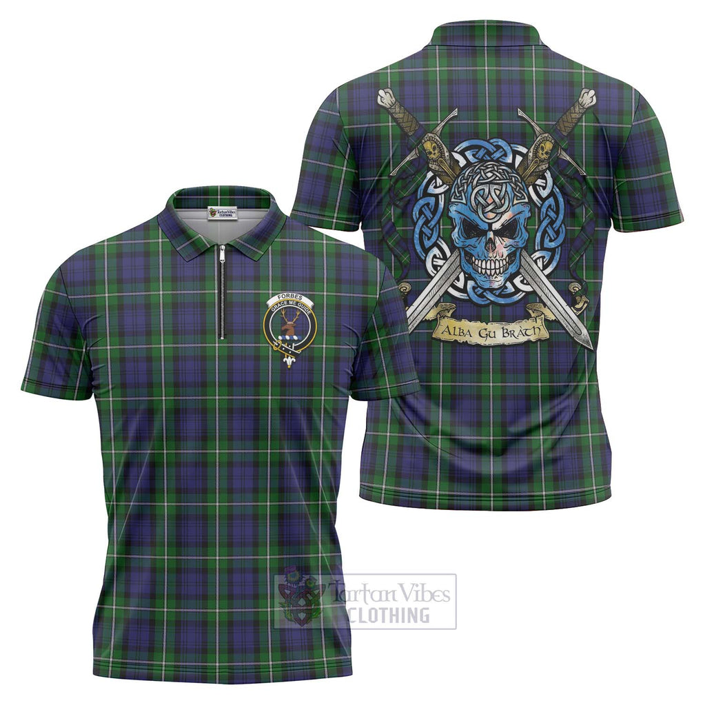 Tartan Vibes Clothing Forbes Tartan Zipper Polo Shirt with Family Crest Celtic Skull Style