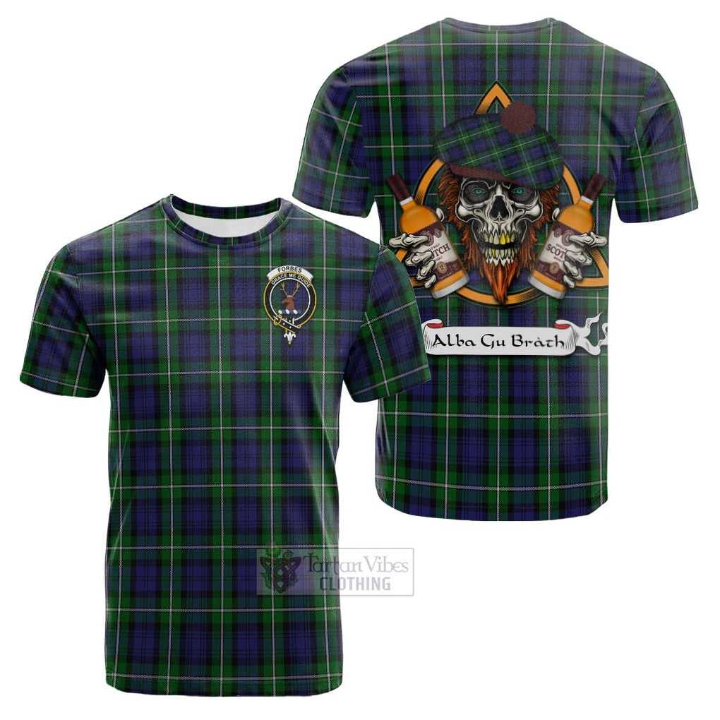 Tartan Vibes Clothing Forbes Tartan Cotton T-shirt with Family Crest and Bearded Skull Holding Bottles of Whiskey