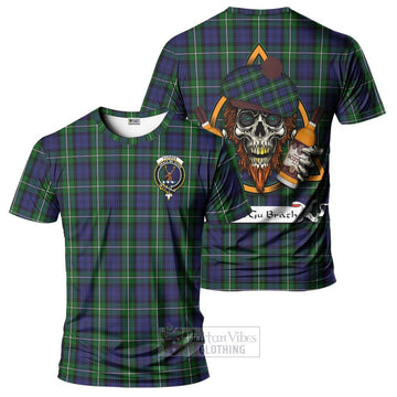 Forbes Tartan T-Shirt with Family Crest and Bearded Skull Holding Bottles of Whiskey